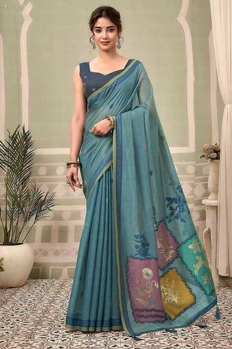 Steel blue cotton blend floral printed saree