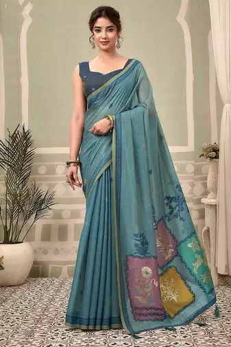 Steel blue cotton blend floral printed saree