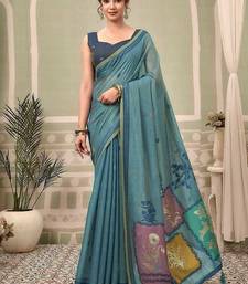 Steel blue cotton blend floral printed saree