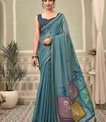 Steel blue cotton blend floral printed saree