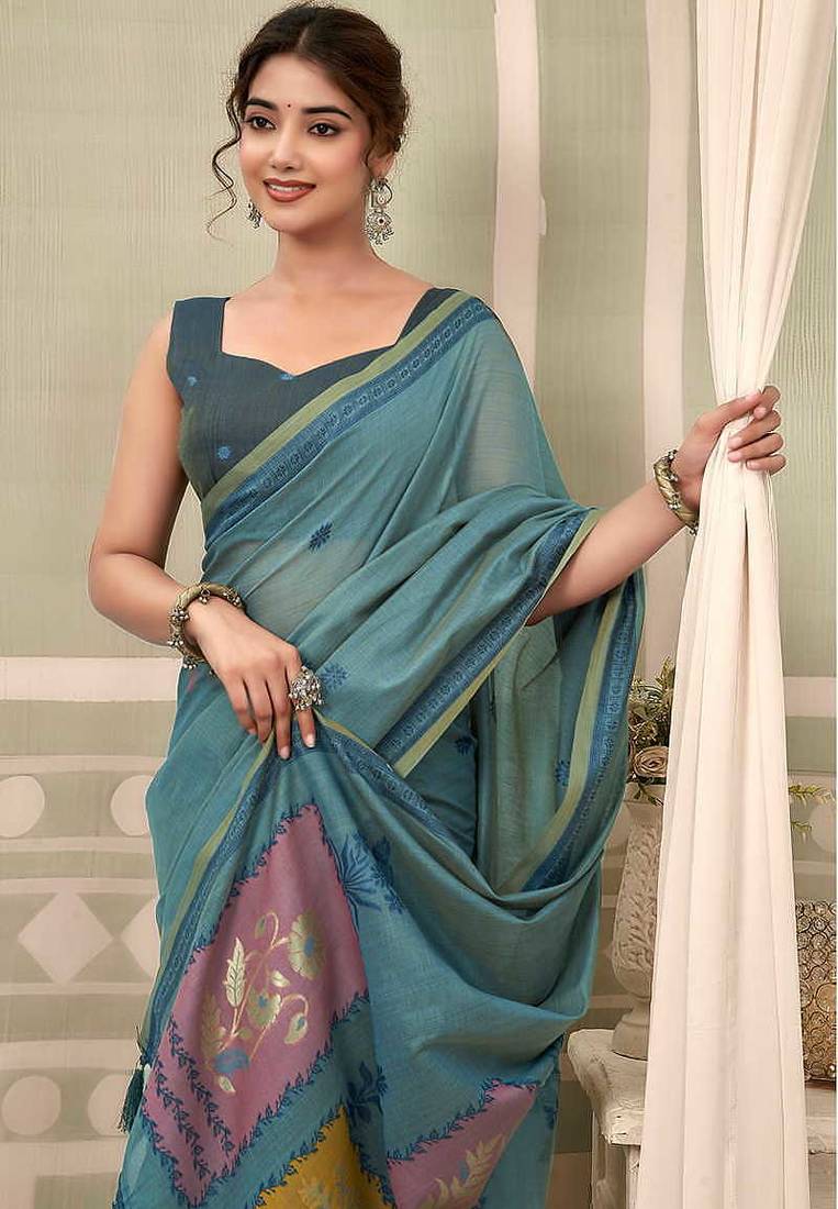 Steel blue cotton blend floral printed saree