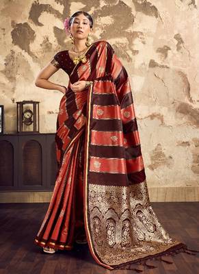 Maroon banarasi satin silk blend saree with zari woven border and pallu 1