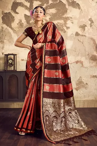 Maroon banarasi satin silk blend saree with zari woven border and pallu