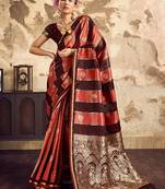 Maroon banarasi satin silk blend saree with zari woven border and pallu
