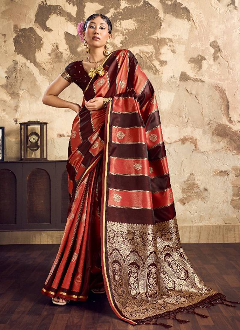 Maroon banarasi satin silk blend saree with zari woven border and pallu