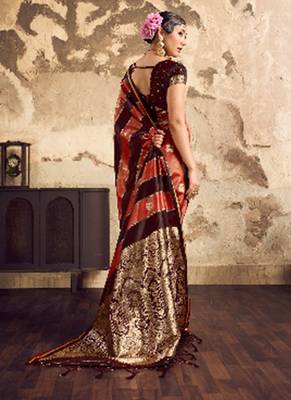 Maroon banarasi satin silk blend saree with zari woven border and pallu 2