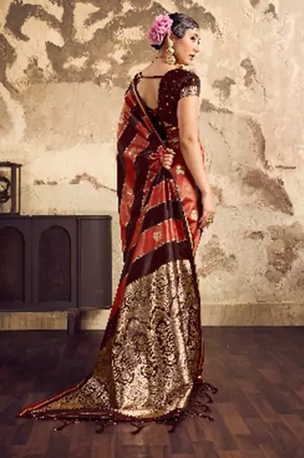 Maroon banarasi satin silk blend saree with zari woven border and pallu