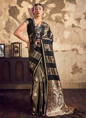 Black banarasi satin silk blend saree with zari woven border and pallu 1