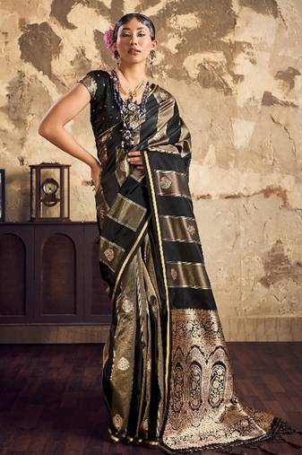 Black banarasi satin silk blend saree with zari woven border and pallu