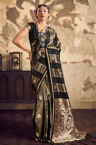 Black banarasi satin silk blend saree with zari woven border and pallu