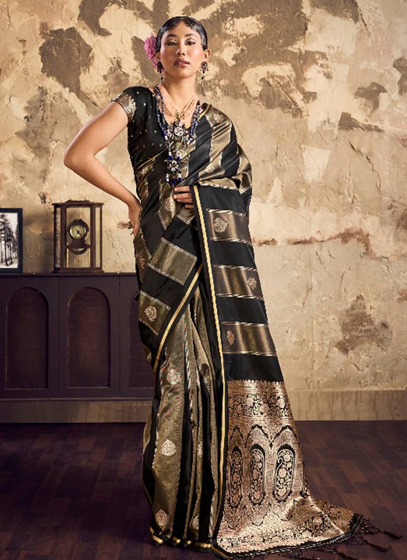 Black banarasi satin silk blend saree with zari woven border and pallu