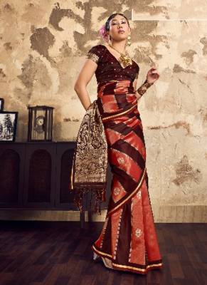 Maroon banarasi satin silk blend saree with zari woven border and pallu 3