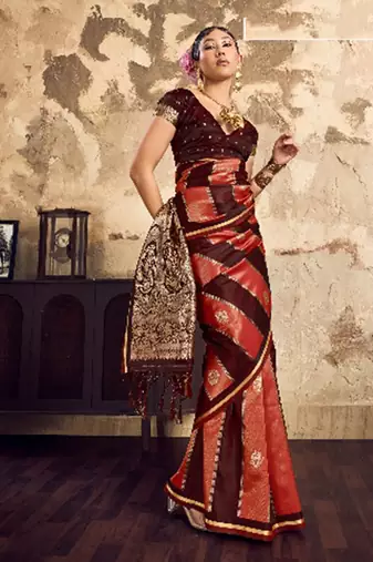 Maroon banarasi satin silk blend saree with zari woven border and pallu
