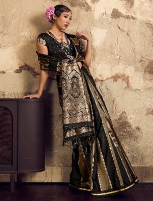 Black banarasi satin silk blend saree with zari woven border and pallu 2