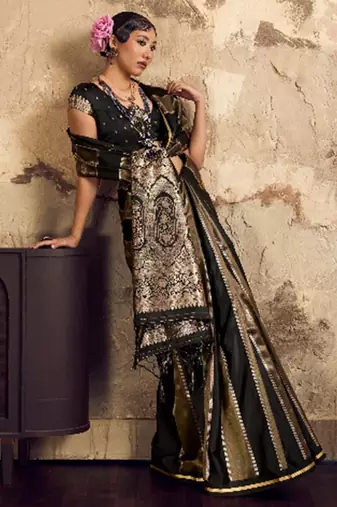 Black banarasi satin silk blend saree with zari woven border and pallu
