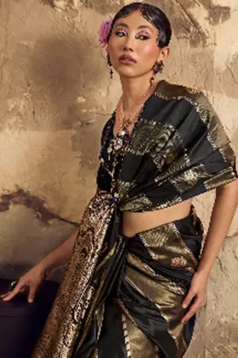 Black banarasi satin silk blend saree with zari woven border and pallu