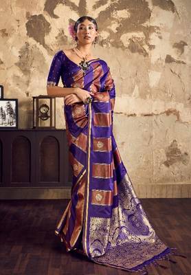 Violet banarasi satin silk blend saree with zari woven border and pallu 1