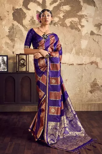Violet banarasi satin silk blend saree with zari woven border and pallu