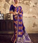 Violet banarasi satin silk blend saree with zari woven border and pallu
