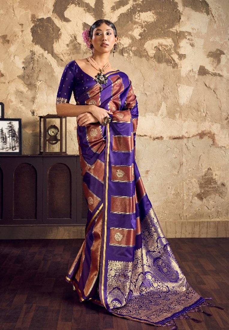 Violet banarasi satin silk blend saree with zari woven border and pallu