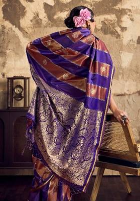 Violet banarasi satin silk blend saree with zari woven border and pallu 2