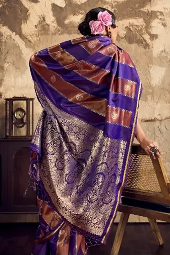 Violet banarasi satin silk blend saree with zari woven border and pallu