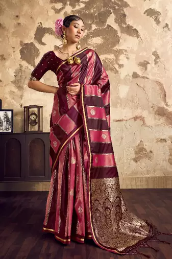 Wine banarasi satin silk blend saree with zari woven border and pallu