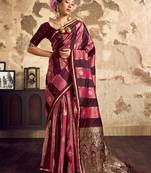 Wine banarasi satin silk blend saree with zari woven border and pallu
