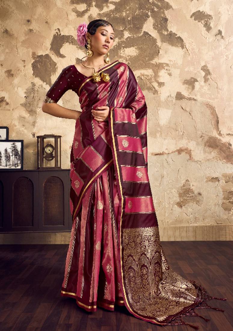 Wine banarasi satin silk blend saree with zari woven border and pallu