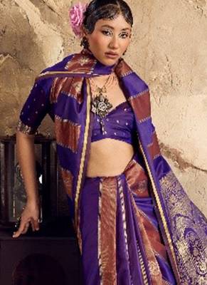 Violet banarasi satin silk blend saree with zari woven border and pallu 3
