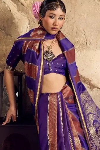 Violet banarasi satin silk blend saree with zari woven border and pallu