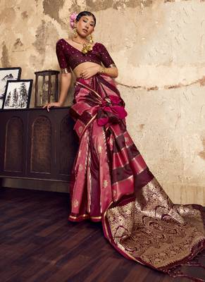 Wine banarasi satin silk blend saree with zari woven border and pallu 2