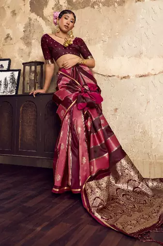 Wine banarasi satin silk blend saree with zari woven border and pallu