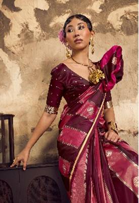 Wine banarasi satin silk blend saree with zari woven border and pallu 3