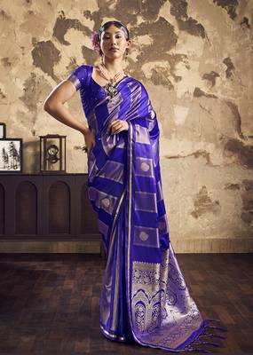 Royal blue banarasi satin silk blend saree with zari woven border and pallu 1
