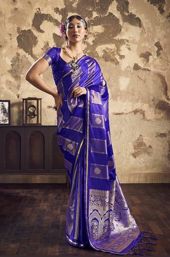 Royal blue banarasi satin silk blend saree with zari woven border and pallu