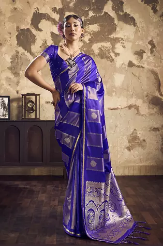 Royal blue banarasi satin silk blend saree with zari woven border and pallu
