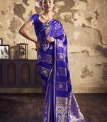Royal blue banarasi satin silk blend saree with zari woven border and pallu