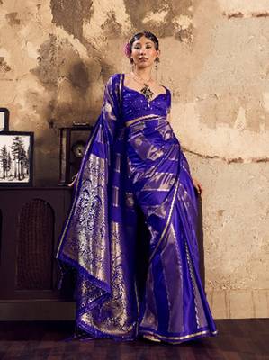 Royal blue banarasi satin silk blend saree with zari woven border and pallu 2