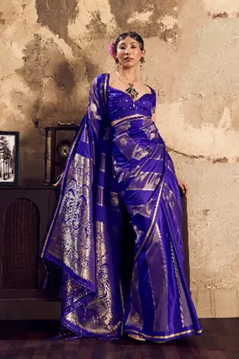 Royal blue banarasi satin silk blend saree with zari woven border and pallu