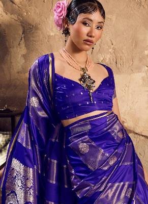 Royal blue banarasi satin silk blend saree with zari woven border and pallu 3