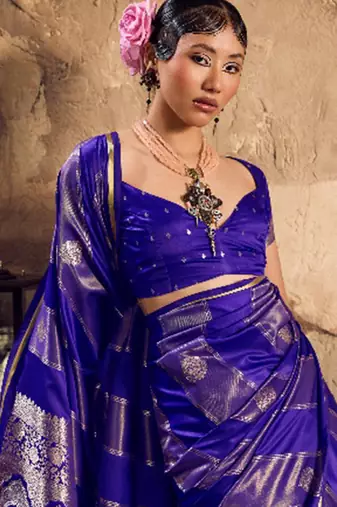 Royal blue banarasi satin silk blend saree with zari woven border and pallu