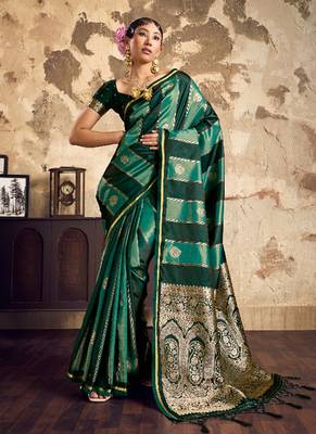 Dark green banarasi satin silk blend saree with zari woven border and pallu 1