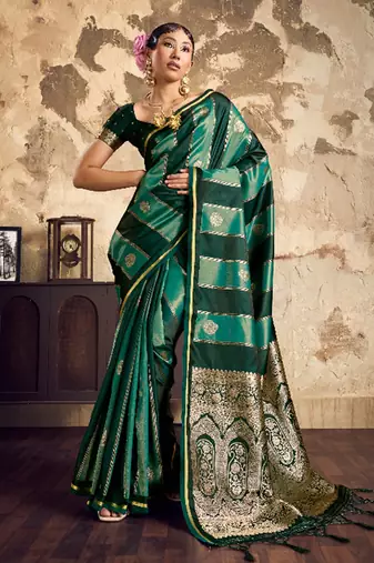 Dark green banarasi satin silk blend saree with zari woven border and pallu