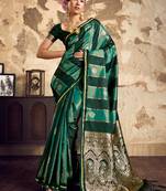 Dark green banarasi satin silk blend saree with zari woven border and pallu