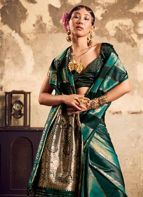 Dark green banarasi satin silk blend saree with zari woven border and pallu 2