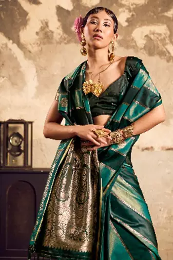 Dark green banarasi satin silk blend saree with zari woven border and pallu
