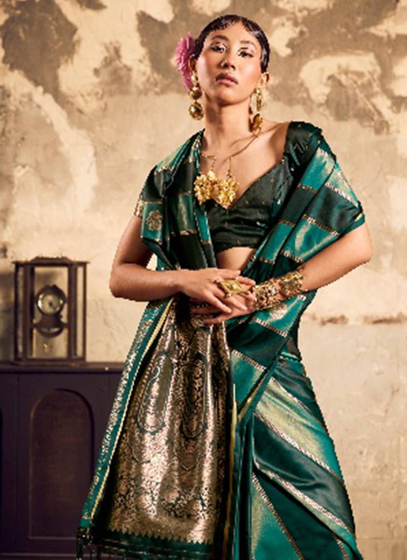 Dark green banarasi satin silk blend saree with zari woven border and pallu