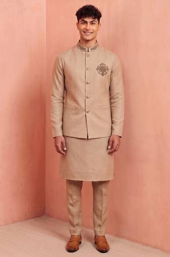 Men linen kurta trouser and jacket set