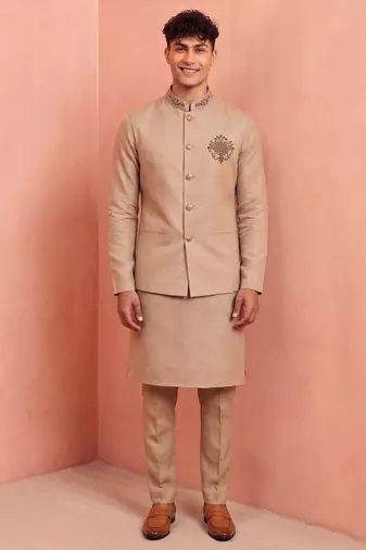Men linen kurta trouser and jacket set